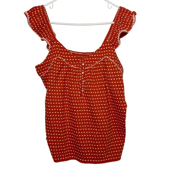 Lucky Brand Tops - Lucky Brand M Red Orange Coral Dot Blouse Sleeveless Button Up Ruffle Top Tomato